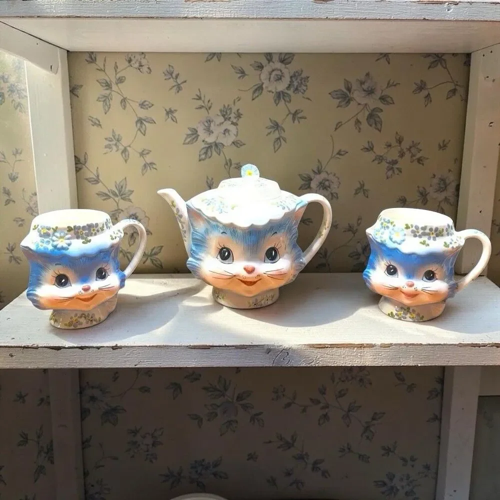 Vintage 1950s Lefton Miss Priss Blue Kitty Cat Kitsch Teapot Japan Made & 2 Cups